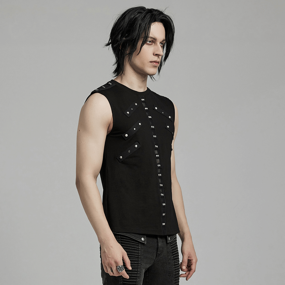 Edgy punk black sleeveless top with rivets and mesh design, showcasing bold style and unique detailing.