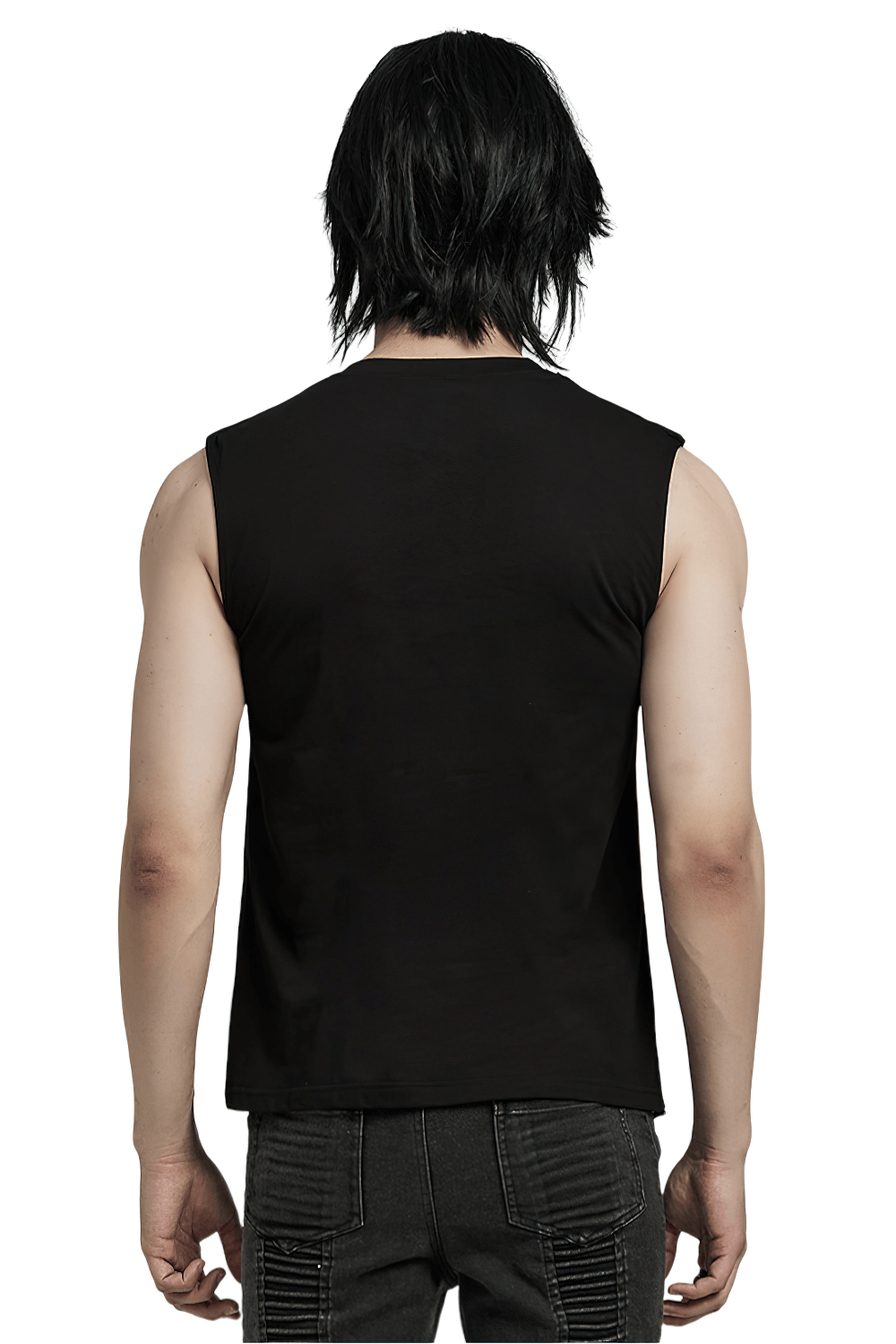 Back view of punk black sleeveless rock top showcasing stylish cut and fit, perfect for edgy fashion lovers.