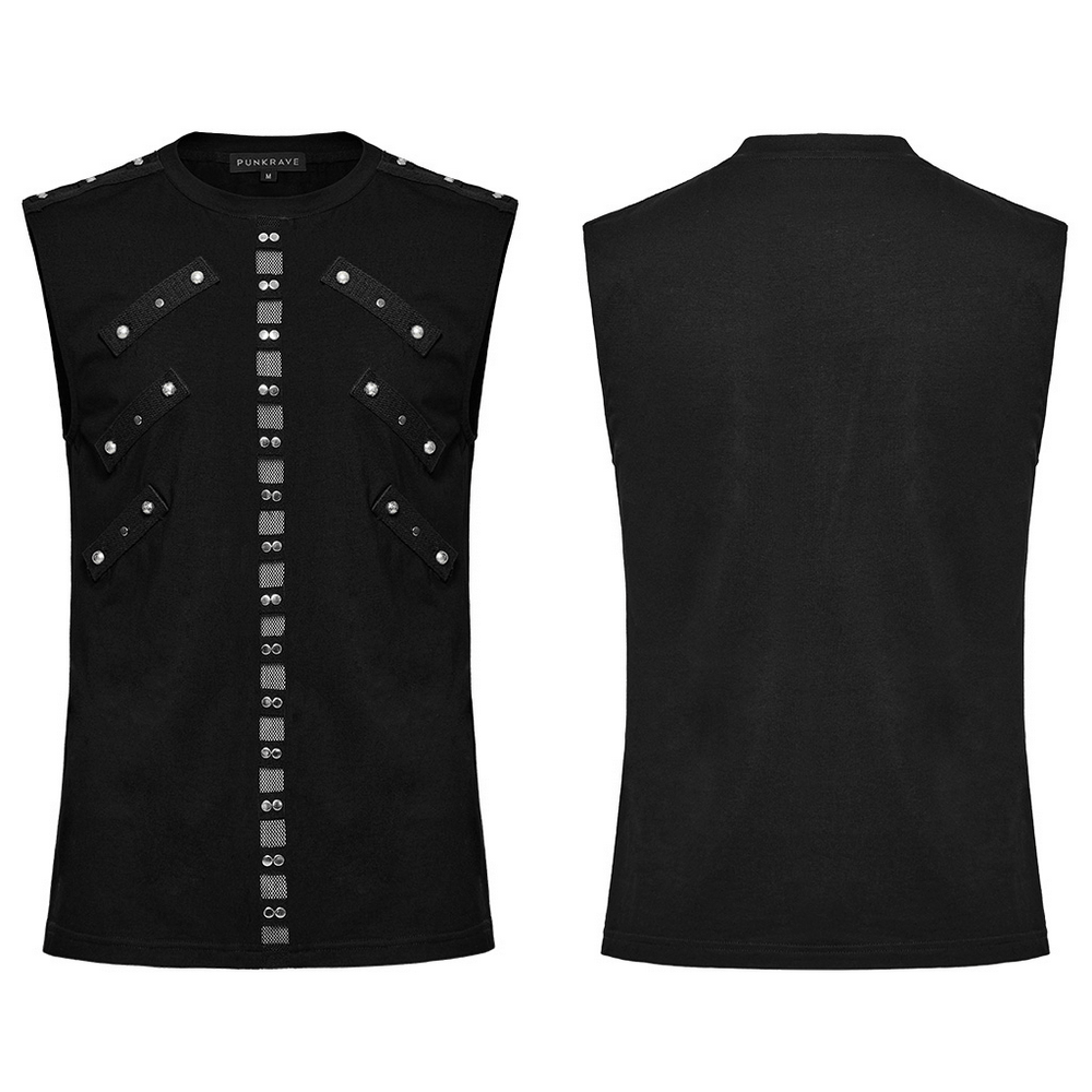 Punk black sleeveless rock top with studs and rivets, showcasing edgy mesh design for bold fashion statements.
