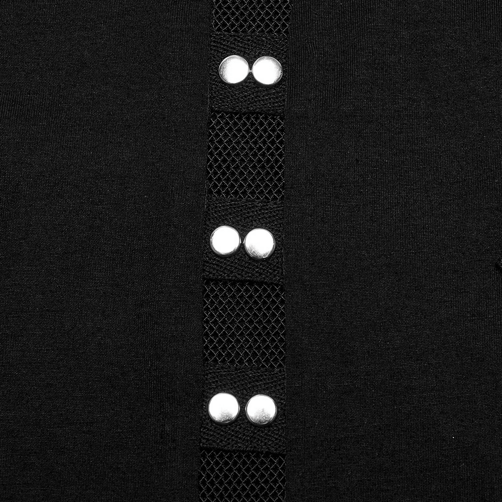 Close-up of punk black sleeveless top featuring riveted mesh design and shiny studs for an edgy look.