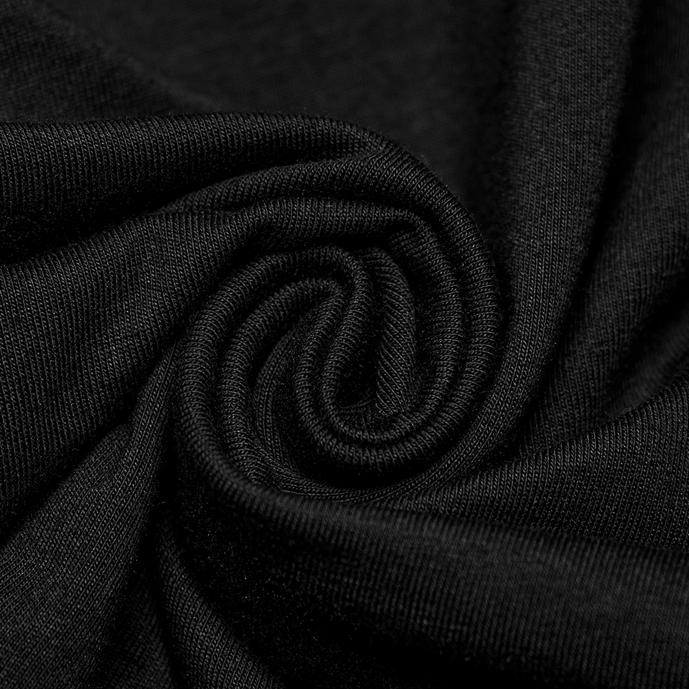 Close-up of black elastic fabric showing a soft, stretchy texture, perfect for punk fashion and edgy outfits.