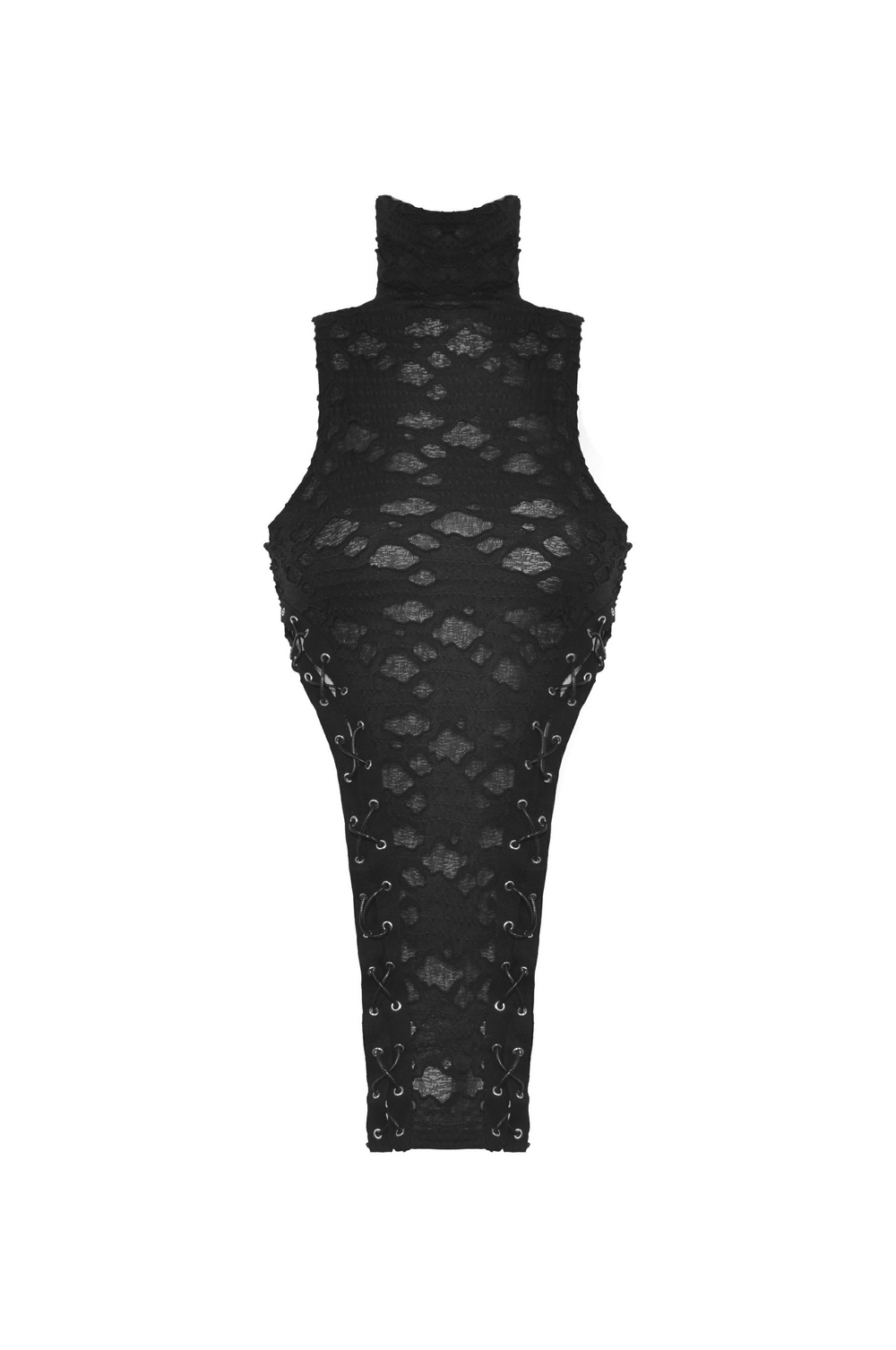 Edgy black sleeveless turtleneck top with lace-up sides, perfect for stylish gothic outfits or night outings.
