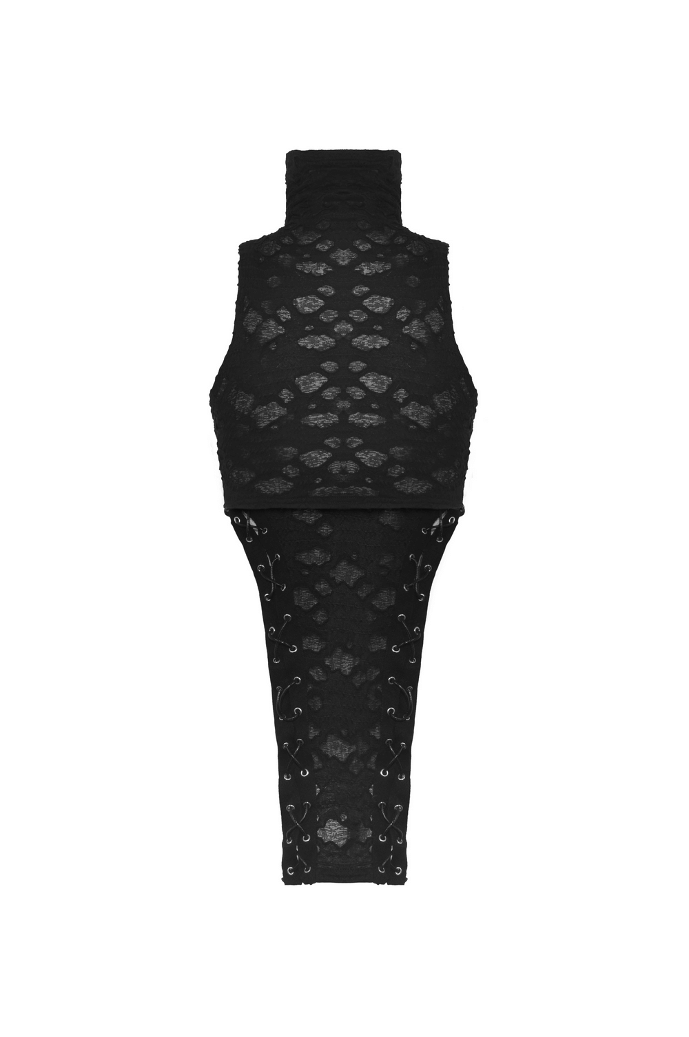 Edgy black sleeveless turtleneck top with lace-up sides, perfect for a goth-inspired look.