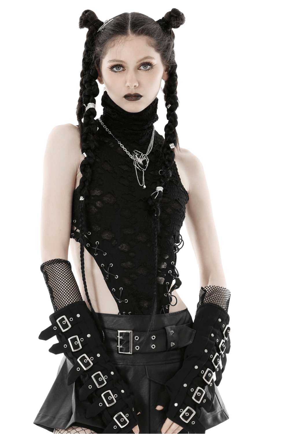 Punk black sleeveless turtleneck top with lace-up sides, paired with edgy accessories for a dramatic goth style.