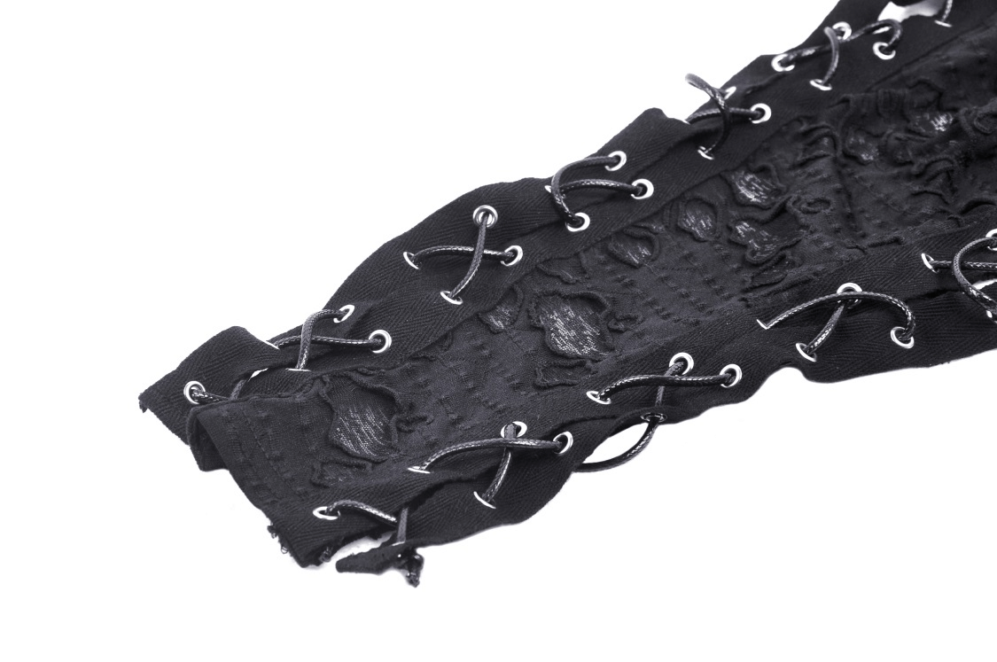 Close-up of black lace-up detail on a punk turtleneck top, showcasing edgy adjustable sides and unique texture.
