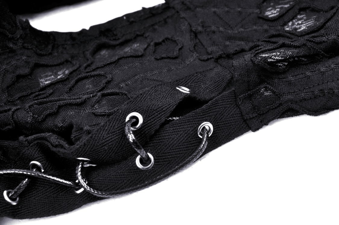 Close-up of lace-up side detail on a punk black sleeveless turtleneck top, showcasing edgy design elements.