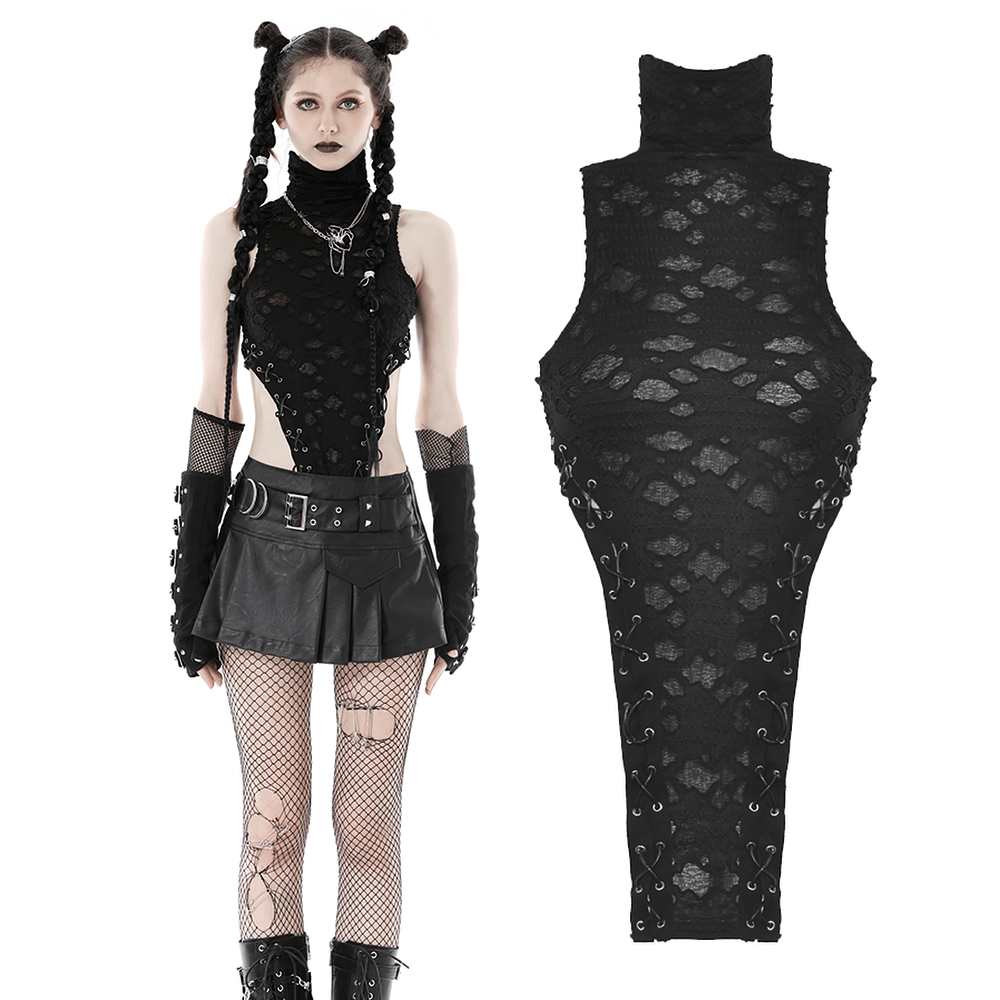 Punk black sleeveless turtleneck top with lace-up sides, perfect for edgy gothic fashion and turning heads.