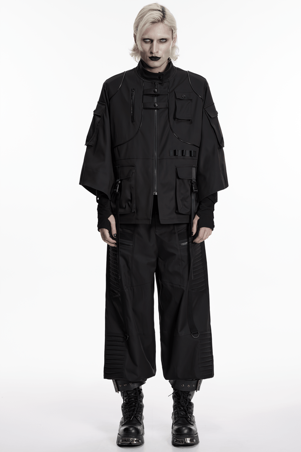 Punk Black Techwear Utility Jacket with Straps worn by model, showcasing functional pockets and a dark, edgy aesthetic.