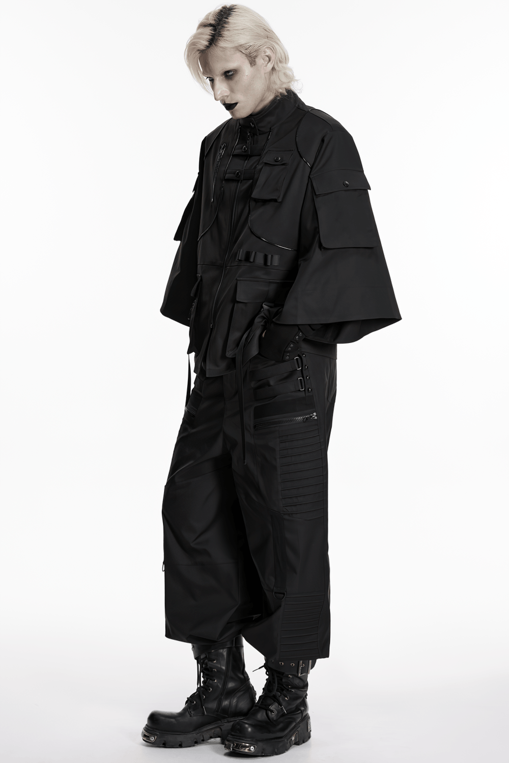 Punk Black Techwear Utility Jacket with Straps, featuring pockets and decorative straps in a bold black design.