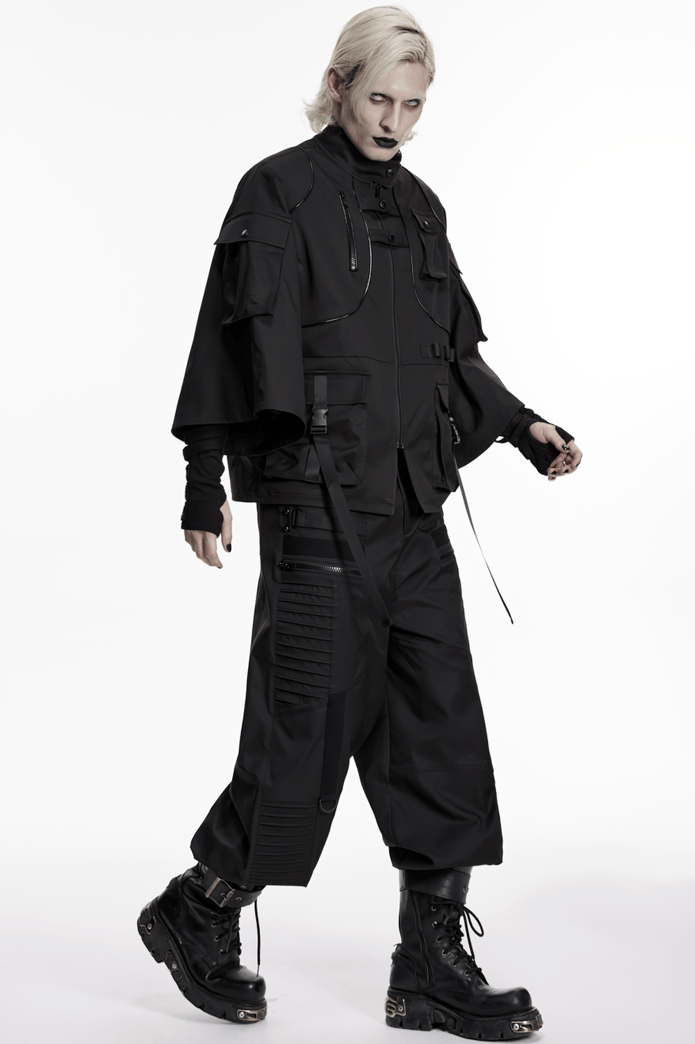 Punk Black Techwear Utility Jacket with Straps worn by model showcasing a dark, edgy aesthetic with functional pockets.