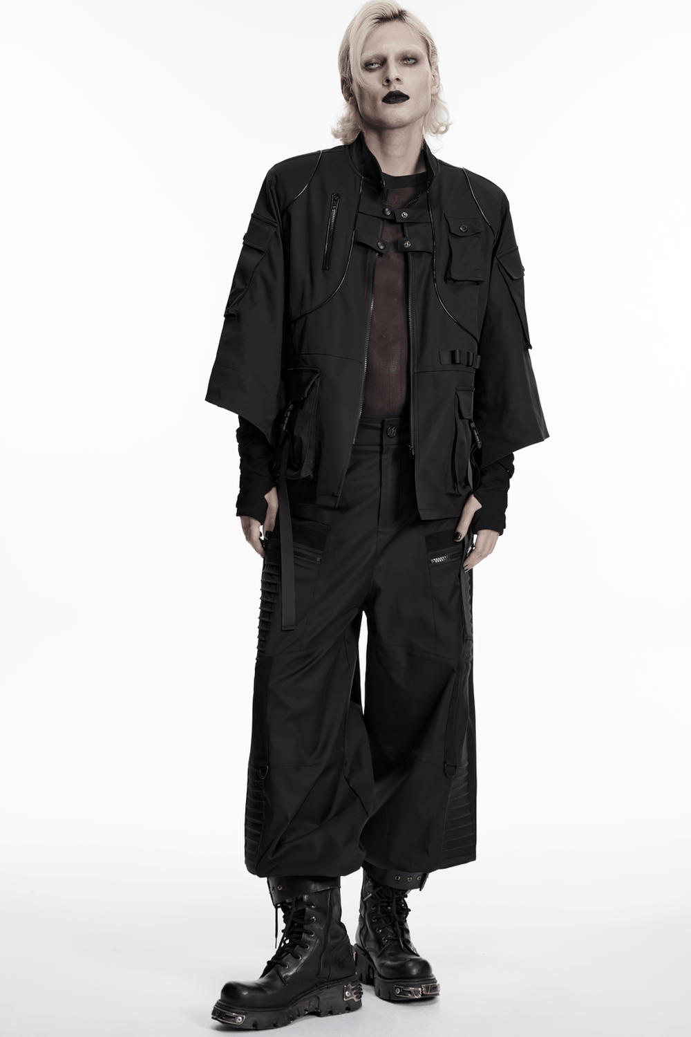 Punk Black Techwear Utility Jacket with Straps worn by model, featuring a dark aesthetic and functional design.