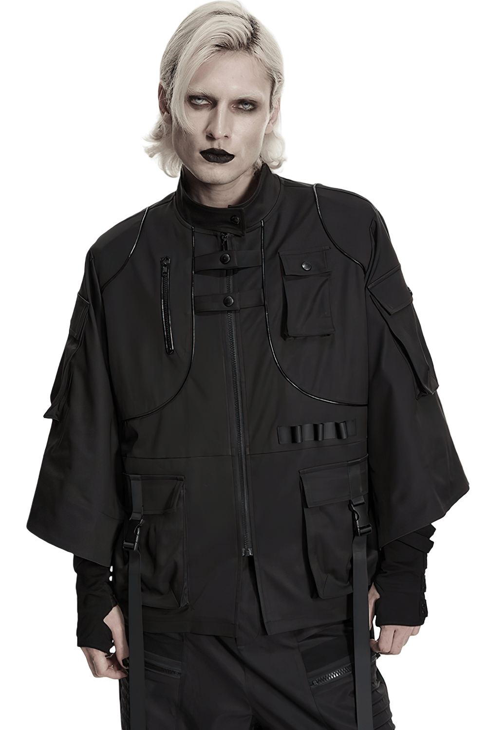 Punk Black Techwear Utility Jacket with Straps on model showcasing unique design and functionality.
