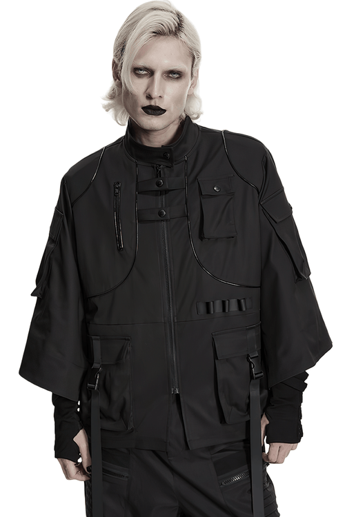 Punk Black Techwear Utility Jacket with Straps