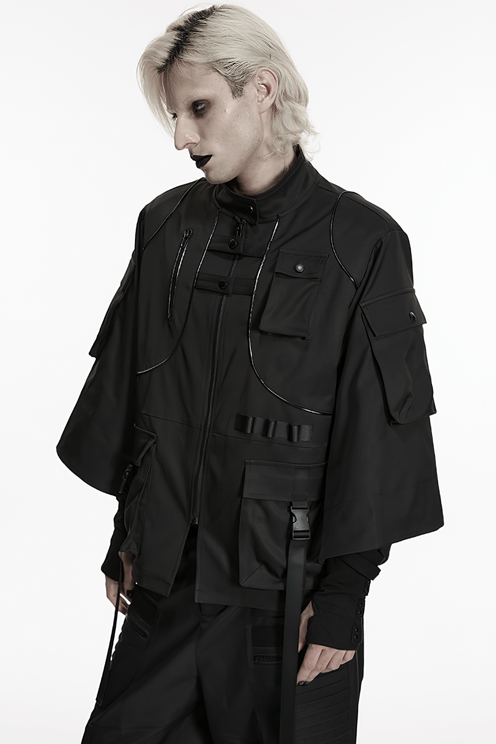 Punk Black Techwear Utility Jacket with Straps worn by model, showcasing functional pockets and dark aesthetic.