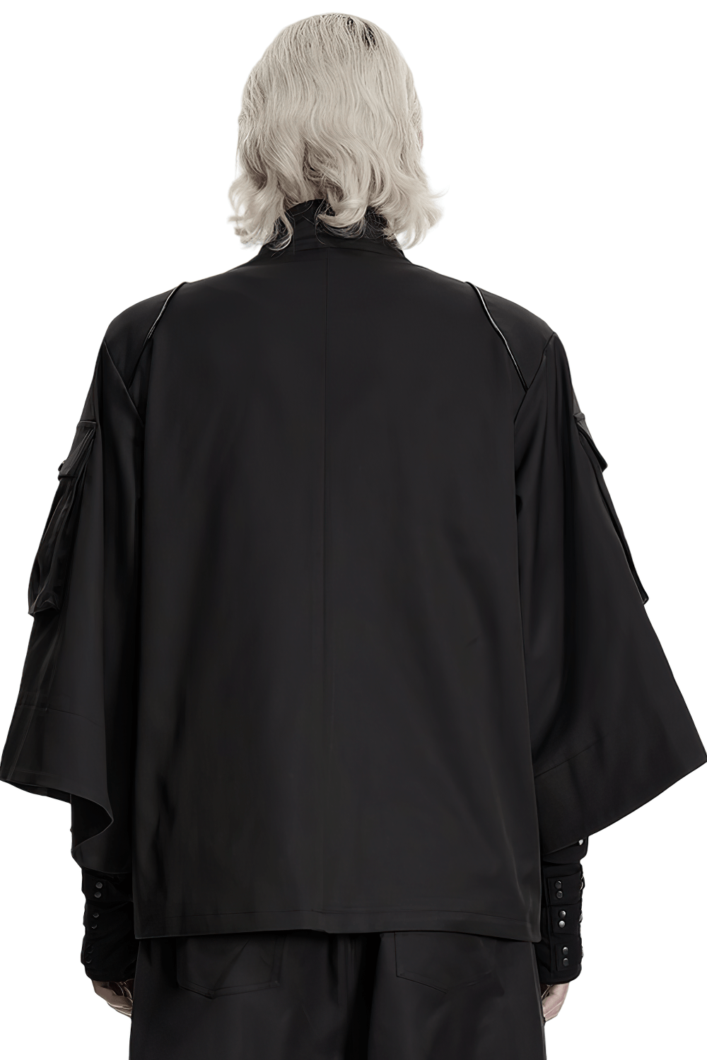 Punk Black Techwear Utility Jacket with Straps shown from the back, featuring a loose cut and functional design.