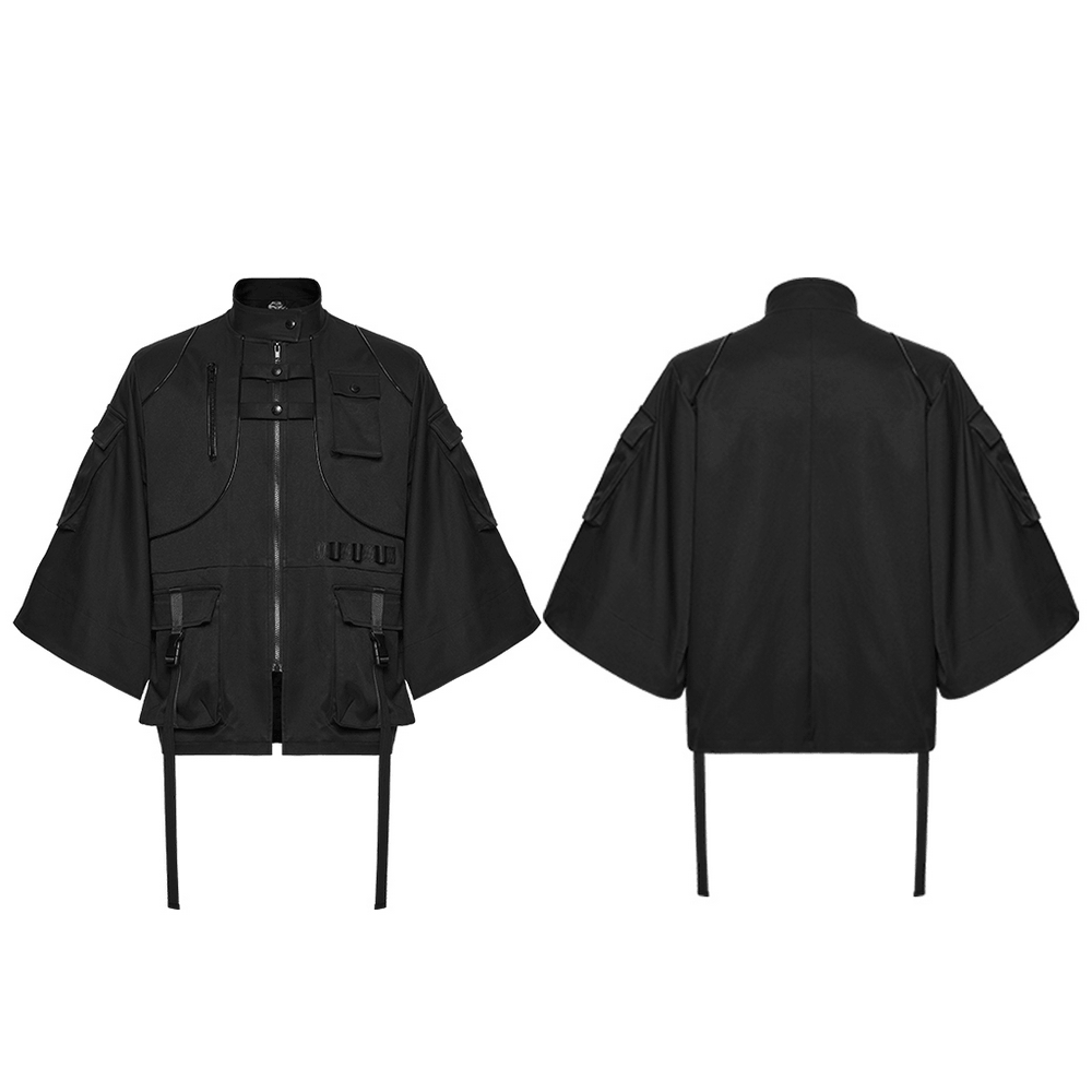 Punk Black Techwear Utility Jacket with Straps displayed from the front and back, featuring multiple pockets and a zip front.