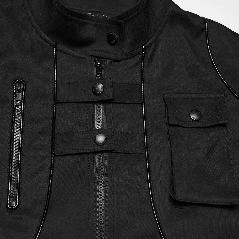 Punk Black Techwear Utility Jacket with Straps featuring zip front and multiple pockets in sleek black design.