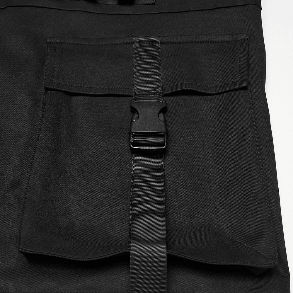 Punk Black Techwear Utility Jacket with Straps featuring a large flap pocket and decorative strap detail.