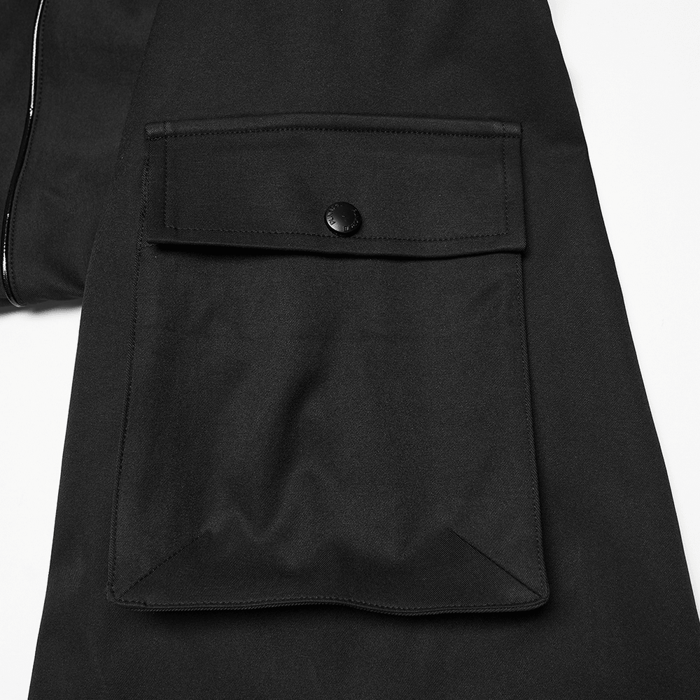 Punk Black Techwear Utility Jacket with Straps showing a close-up of a utility pocket.