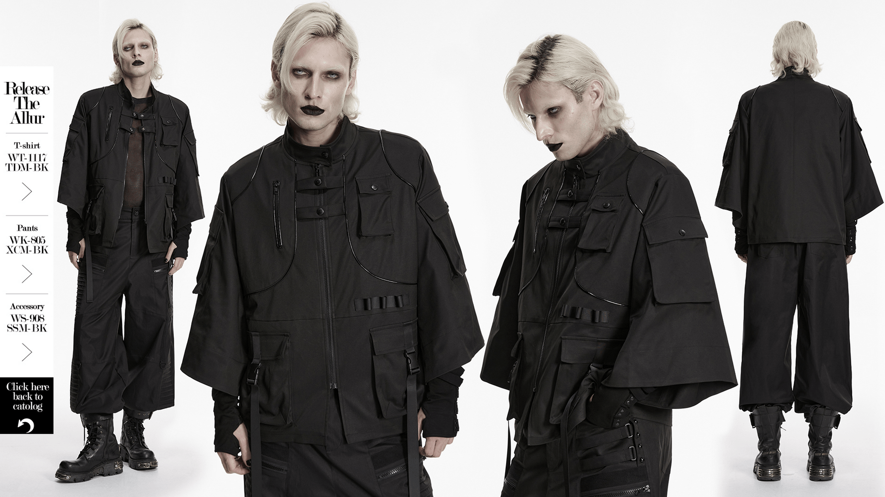 Punk Black Techwear Utility Jacket with Straps displayed on a model, showcasing multiple pockets and a distinct techwear aesthetic.