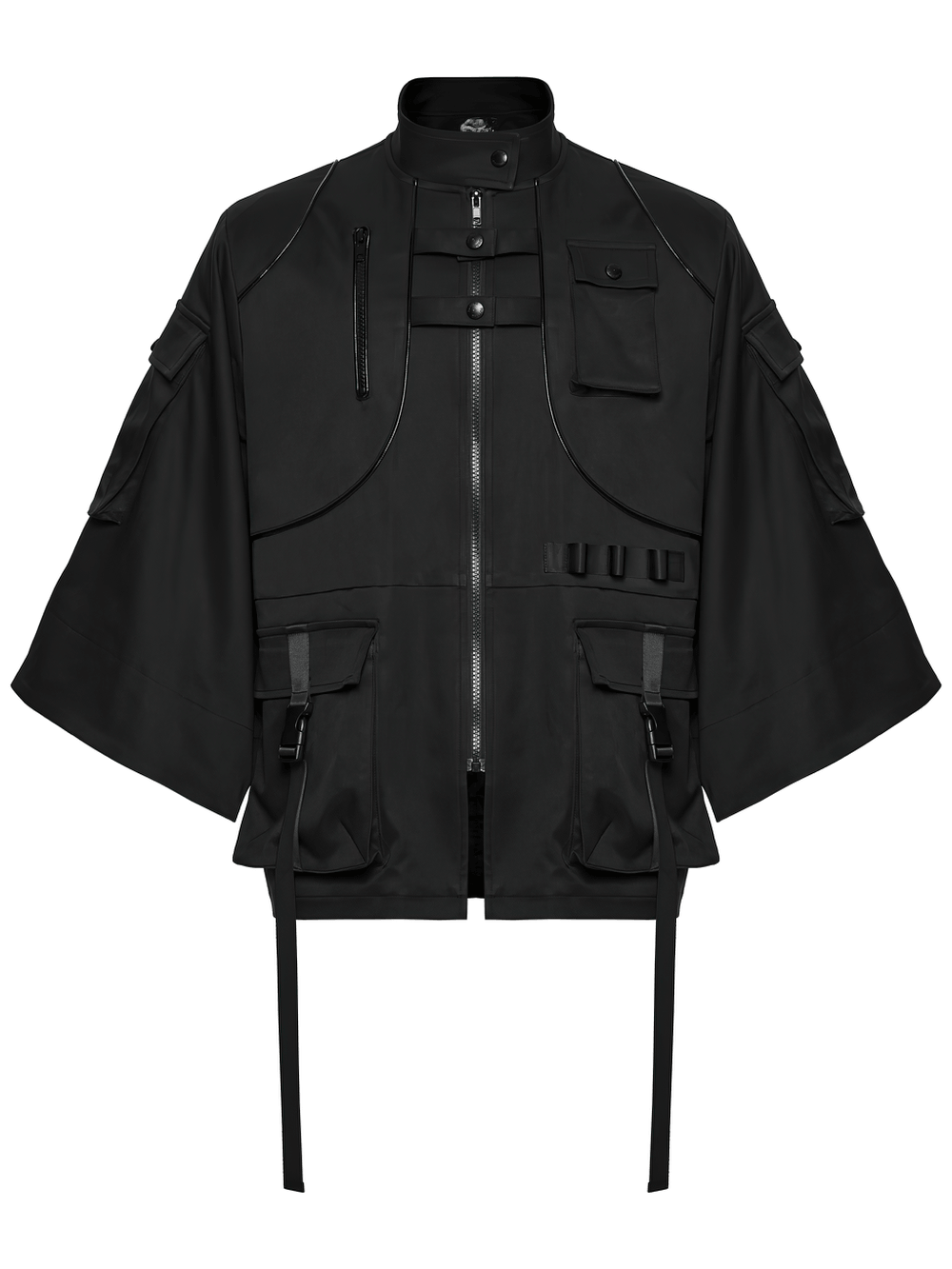 Punk Black Techwear Utility Jacket with Straps featuring multiple pockets and decorative straps.