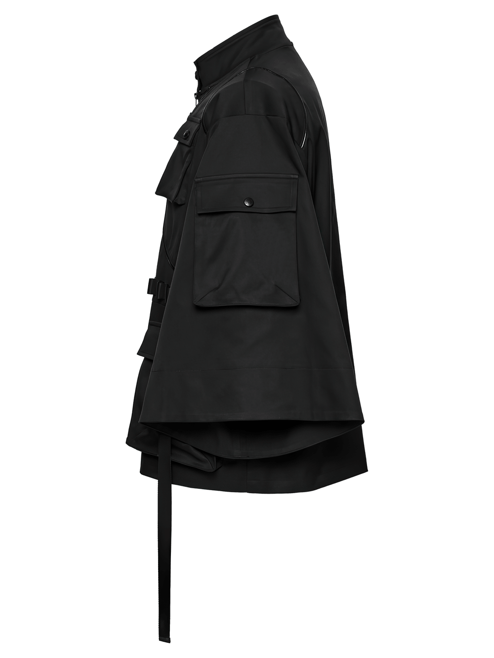 Punk Black Techwear Utility Jacket with Straps showcasing a sleek side view, multiple pockets, and a stylish silhouette.