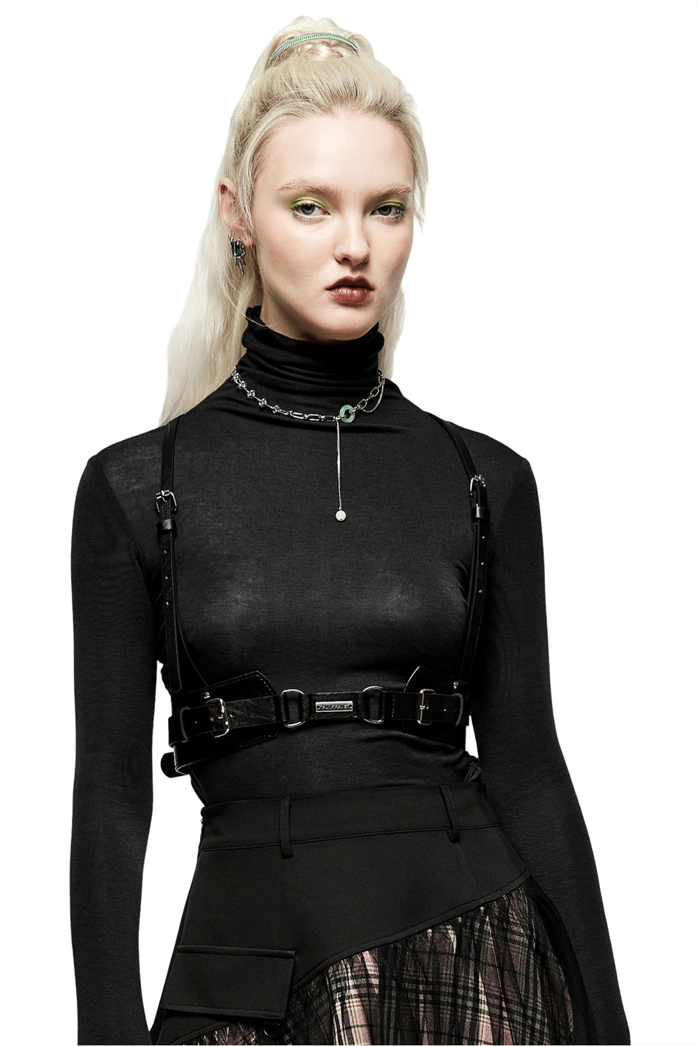 Punk bold PU leather harness with metal detailing worn by model, perfect for an edgy outfit.