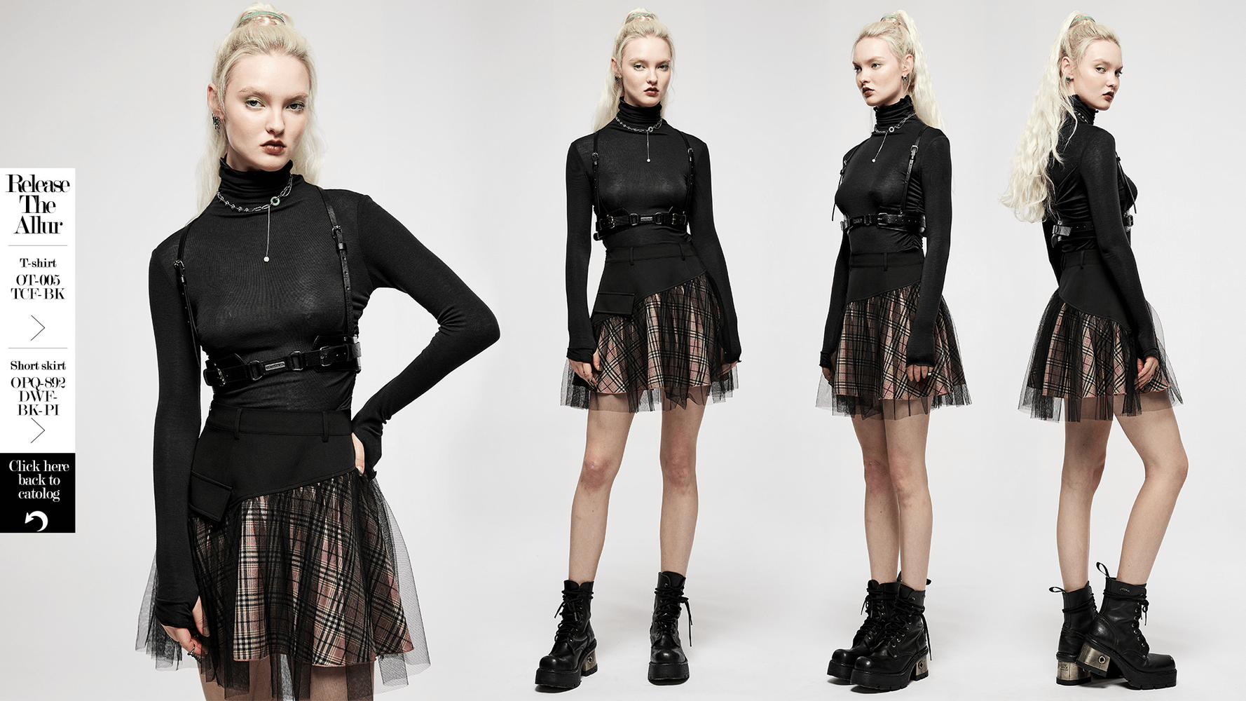 Model showcasing Punk Bold PU Leather Harness over a black top and plaid tulle skirt, exuding edgy style.