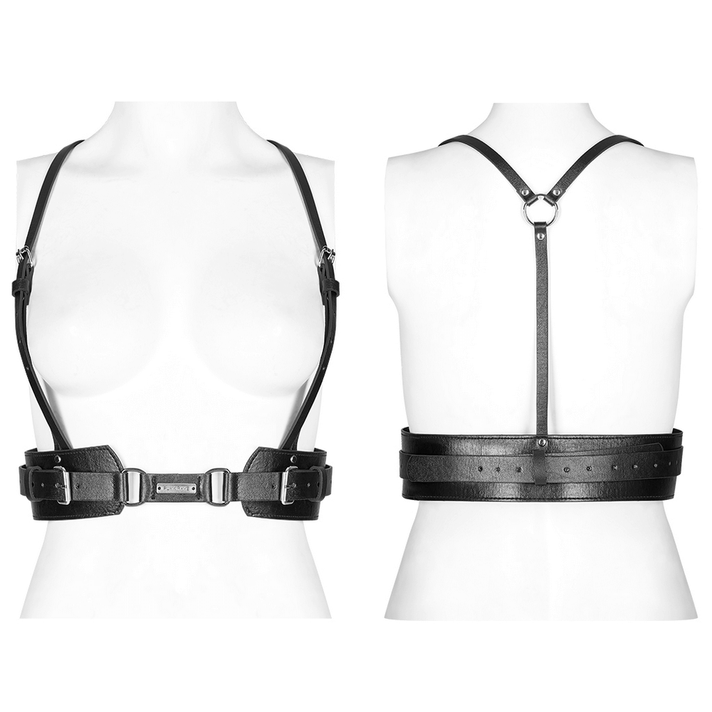 Punk bold PU leather harness with adjustable straps and metal detailing, showcasing front and back views.