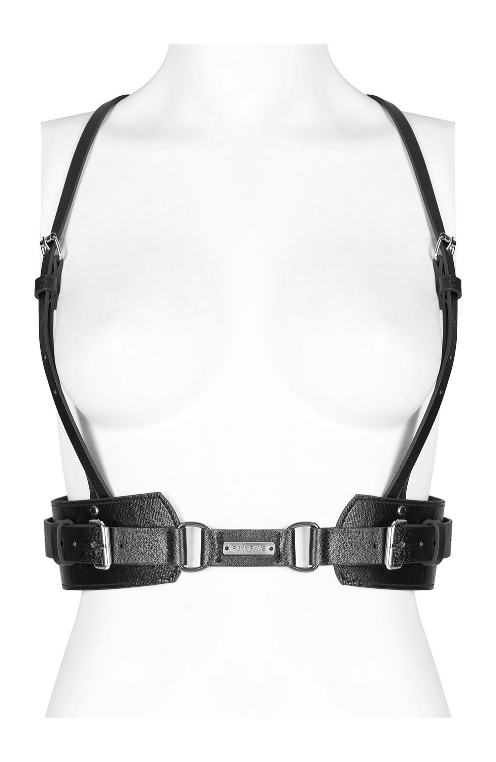 Punk bold PU leather harness with adjustable straps and metal detailing for an edgy style.