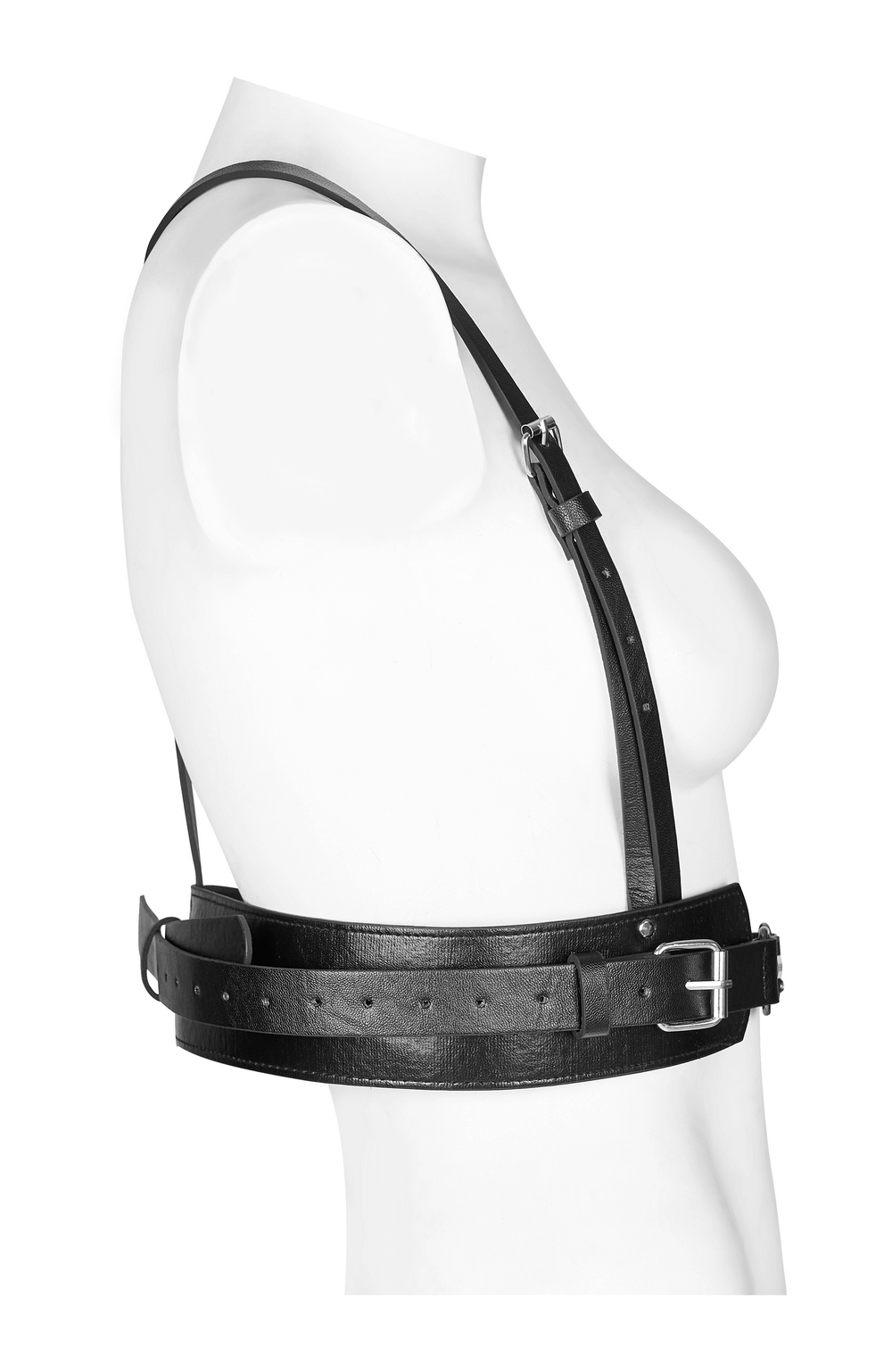 Side view of adjustable black punk PU leather harness with metal detailing for a bold, edgy look.