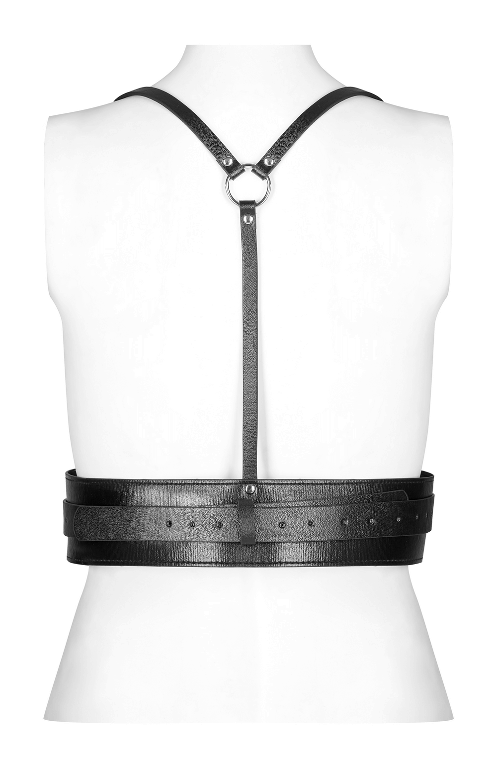 Back view of a punk black PU leather harness with adjustable straps and metal detailing.