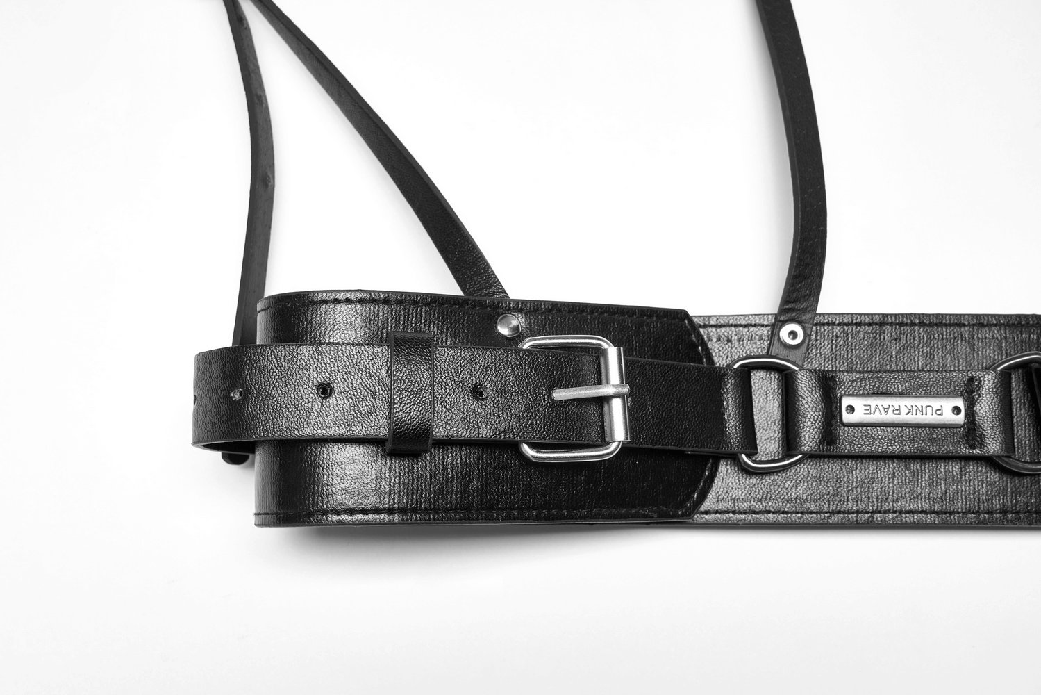 Punk Bold PU Leather Harness with adjustable straps and metal nameplate, perfect for edgy fashion statements.