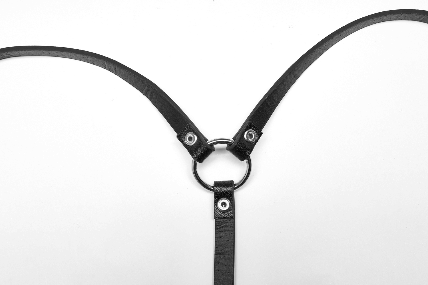 Close-up of adjustable black PU leather harness featuring metal ring and straps for a punk rock vibe.