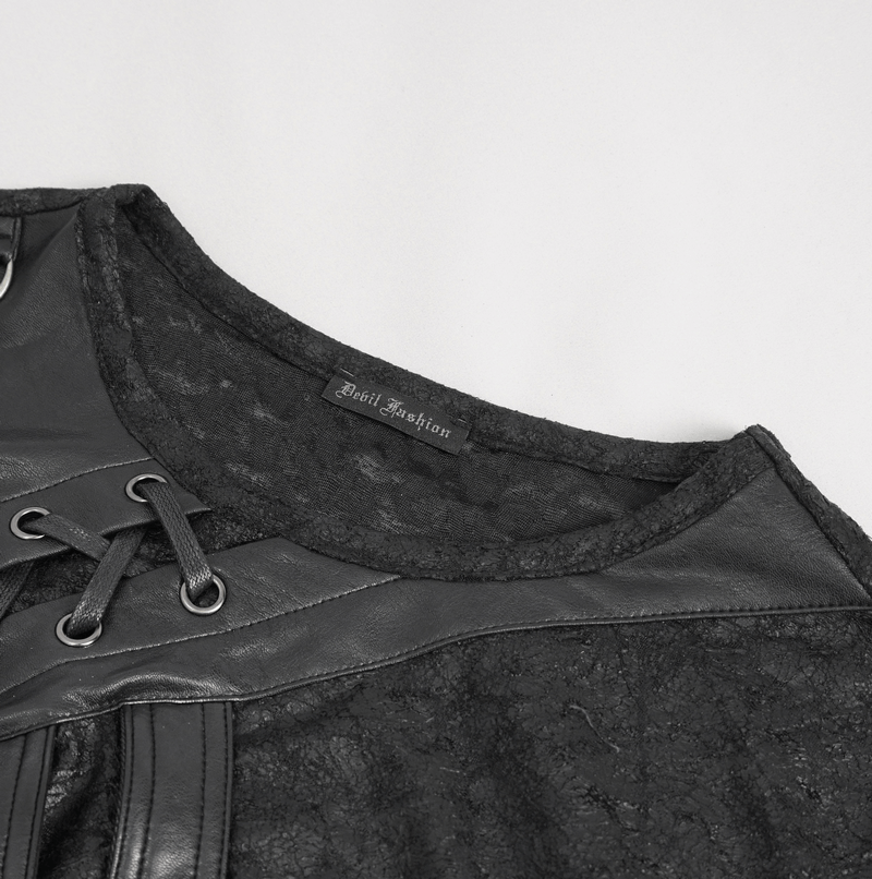Close-up of the punk buckle-embellished T-shirt showcasing lace-up detail and stylish black fabric.