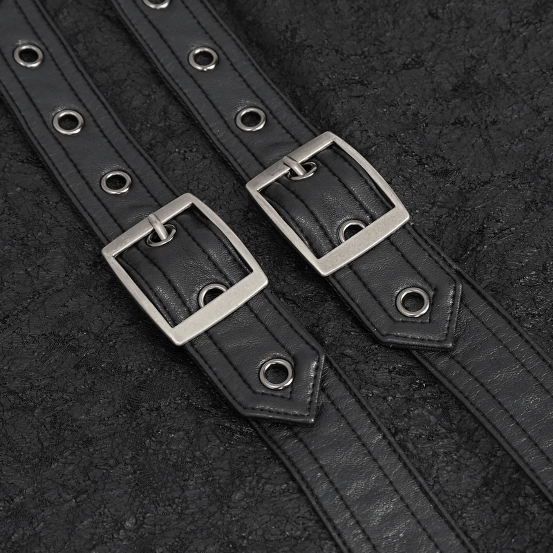 Punk buckle embellishments on edgy black fabric, showcasing stylish details and alternative fashion flair.