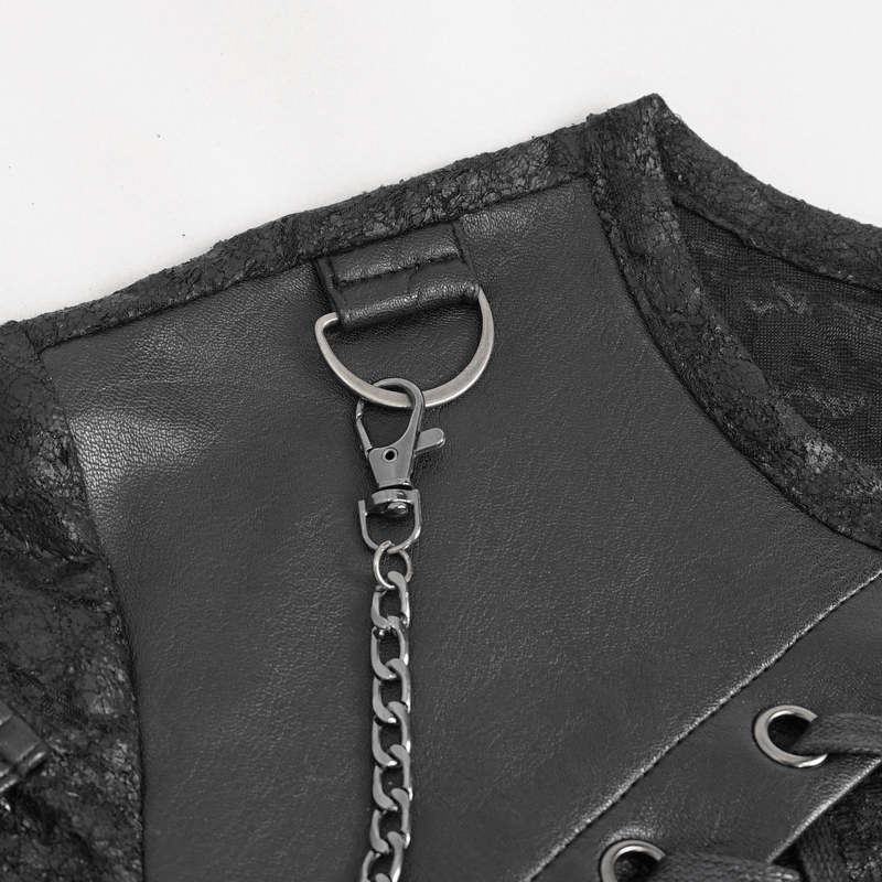 Close-up of punk buckle detail on men's T-shirt, showcasing lace and chain elements for edgy style.