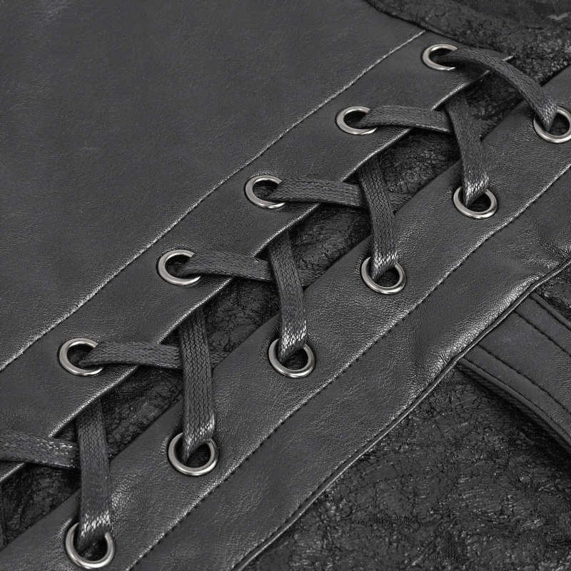 Close-up of punk buckle lace-up detailing on a stylish black t-shirt, showcasing edgy fashion elements.