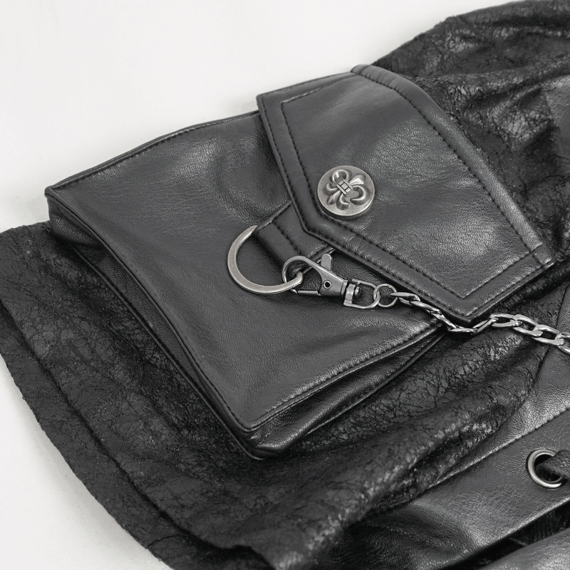 Stylish black punk rock wallet with chain and fastened pocket detail on textured background.