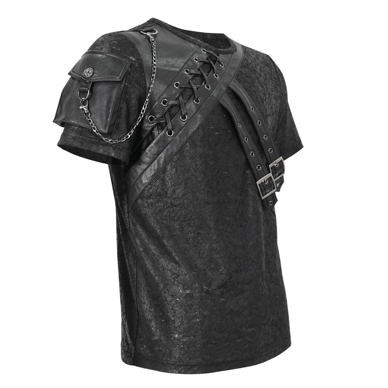 Men's punk buckle splice T-shirt with sleeve pocket and edgy lace-up detail, perfect for alternative fashion lovers.