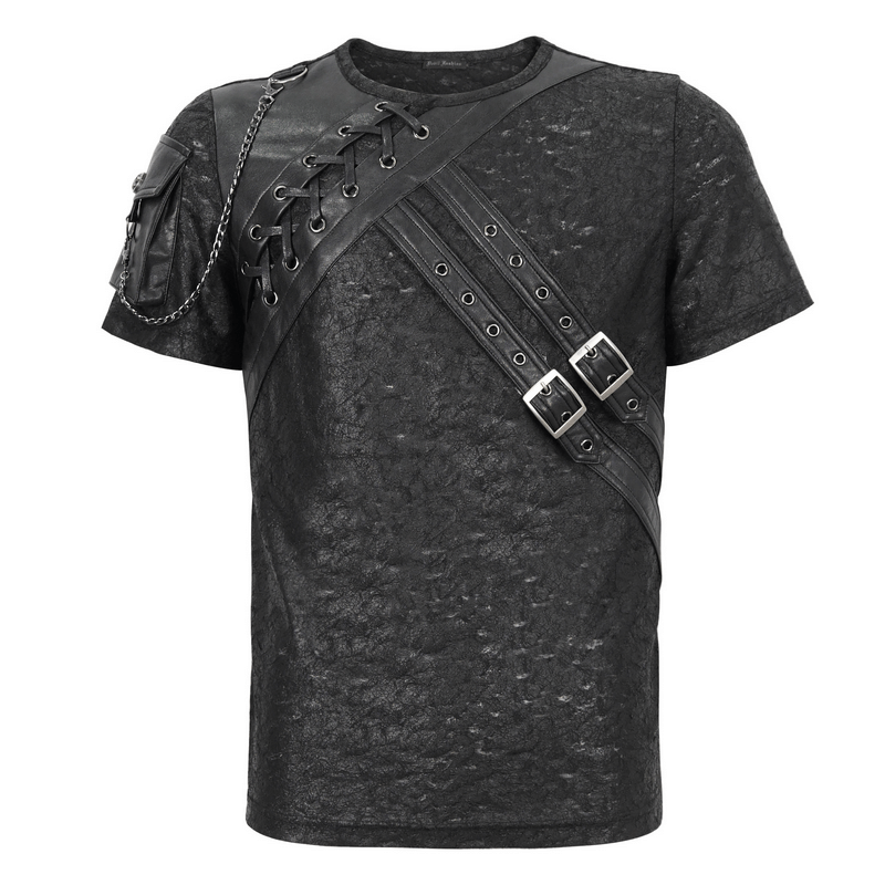 Men's punk buckle splice T-shirt with pocket and lace-up design for edgy alternative fashion.
