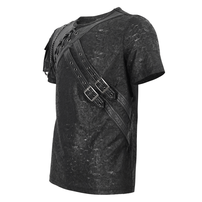 Punk Buckles Splice T-shirt with Pocket on Sleeve / Men's Round Neck Lace-Up T-Shirts - HARD'N'HEAVY