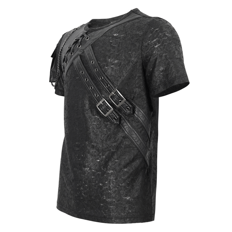 Men's punk buckle splice t-shirt in black with stylish embellishments and sleeve pocket.