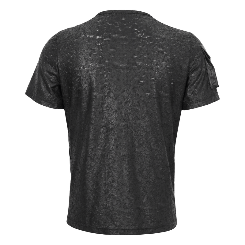 Men's punk buckle splice T-shirt, black, showcasing the stylish back and sleeve pocket design.
