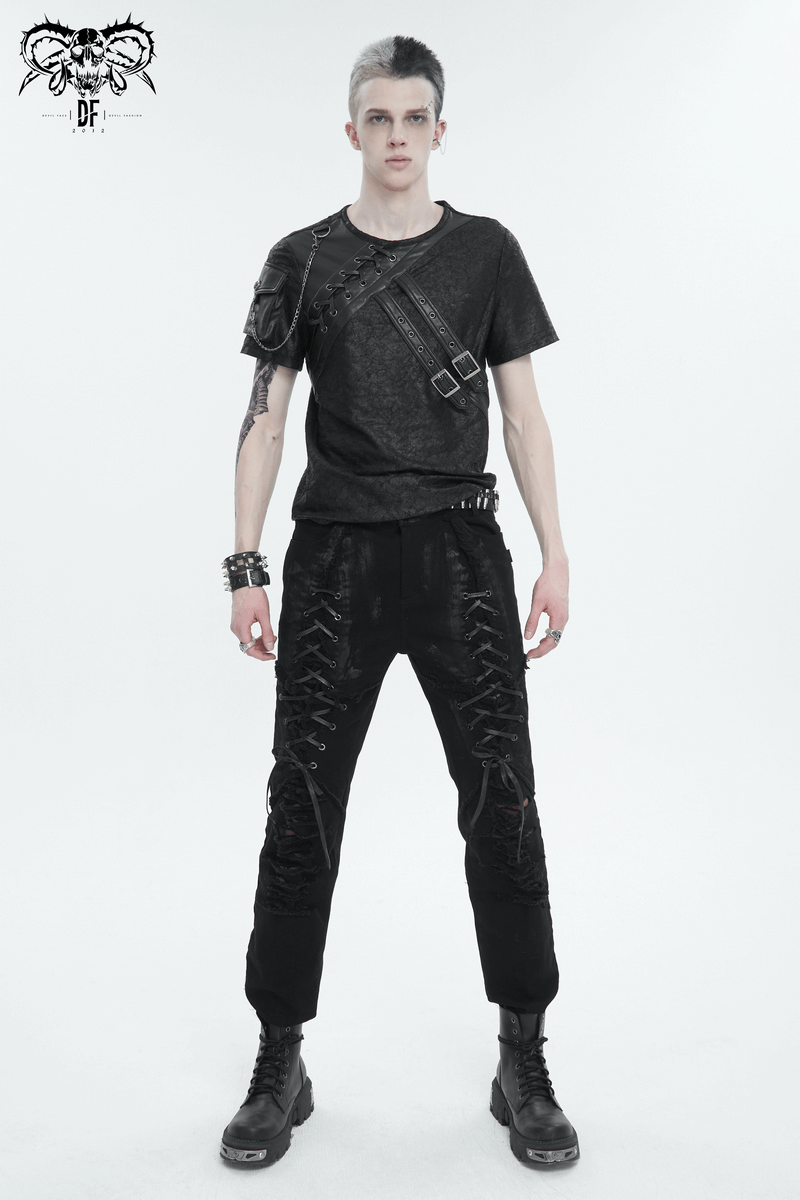 Men's punk buckle splice T-shirt with pocket, showcasing edgy alternatives in men's fashion.