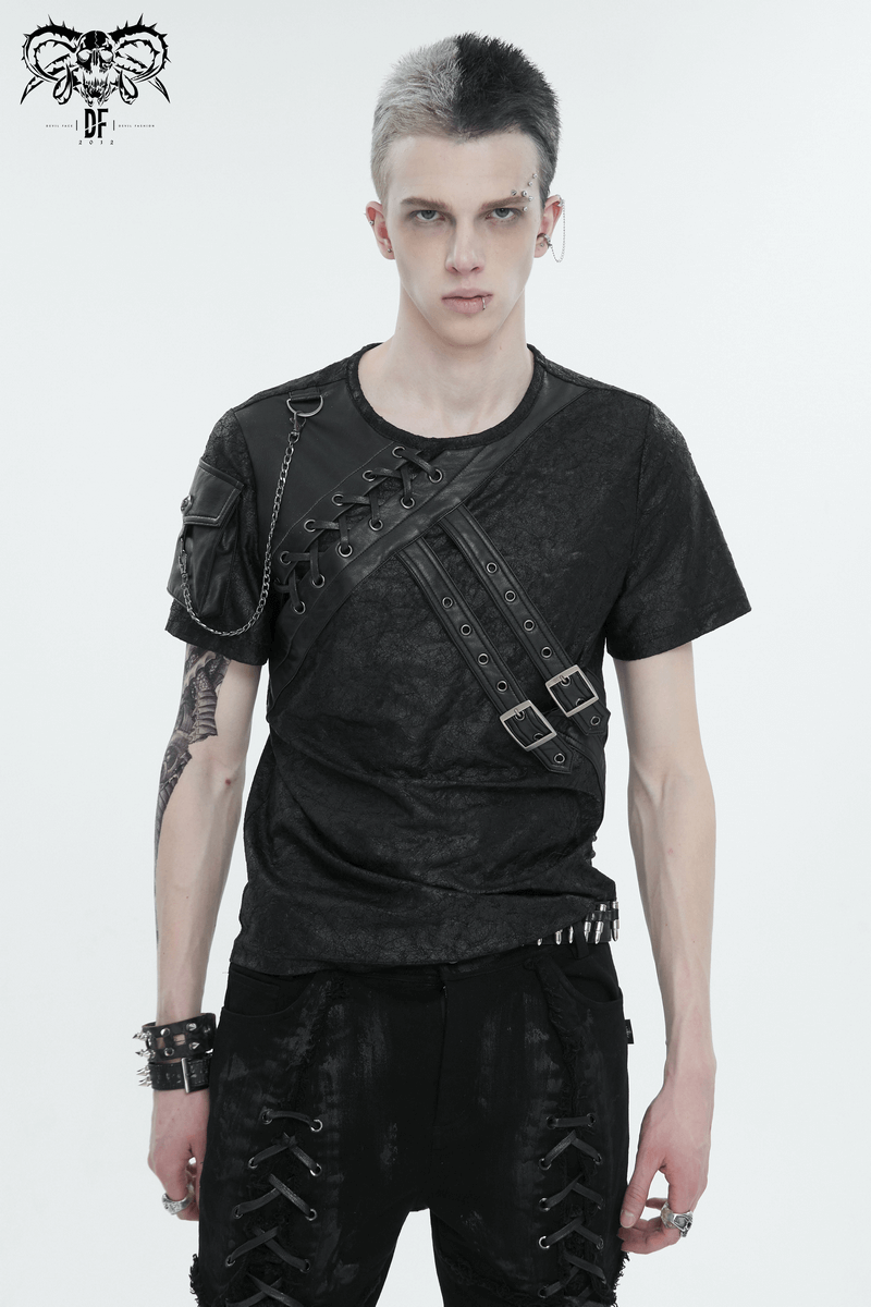 Men's punk buckle-embellished T-shirt, featuring edgy lace-up details and bold style.