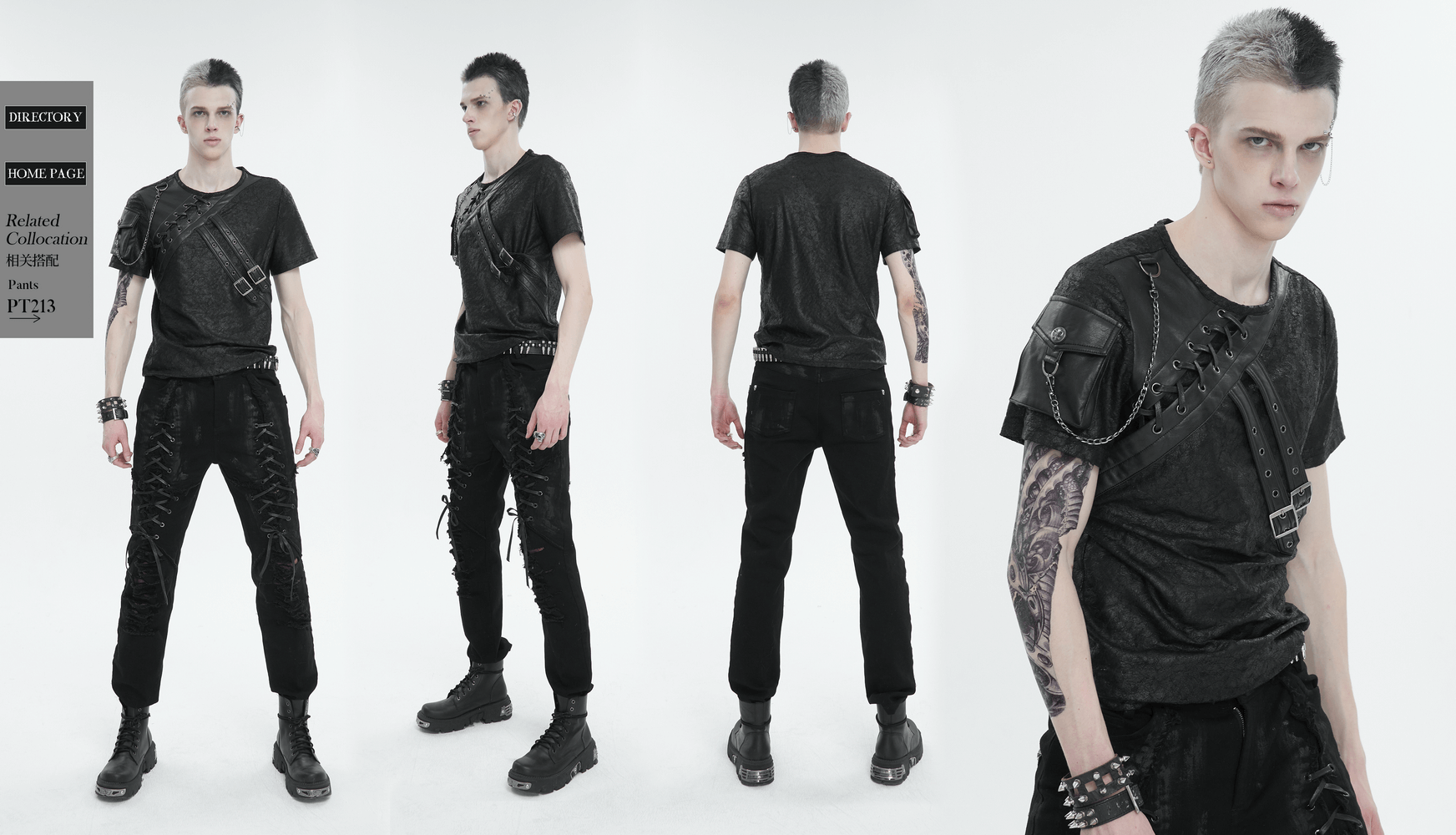 Men's punk buckle-emblazoned t-shirt styled with edgy ripped pants and accessories, showcasing rebellious fashion vibes.