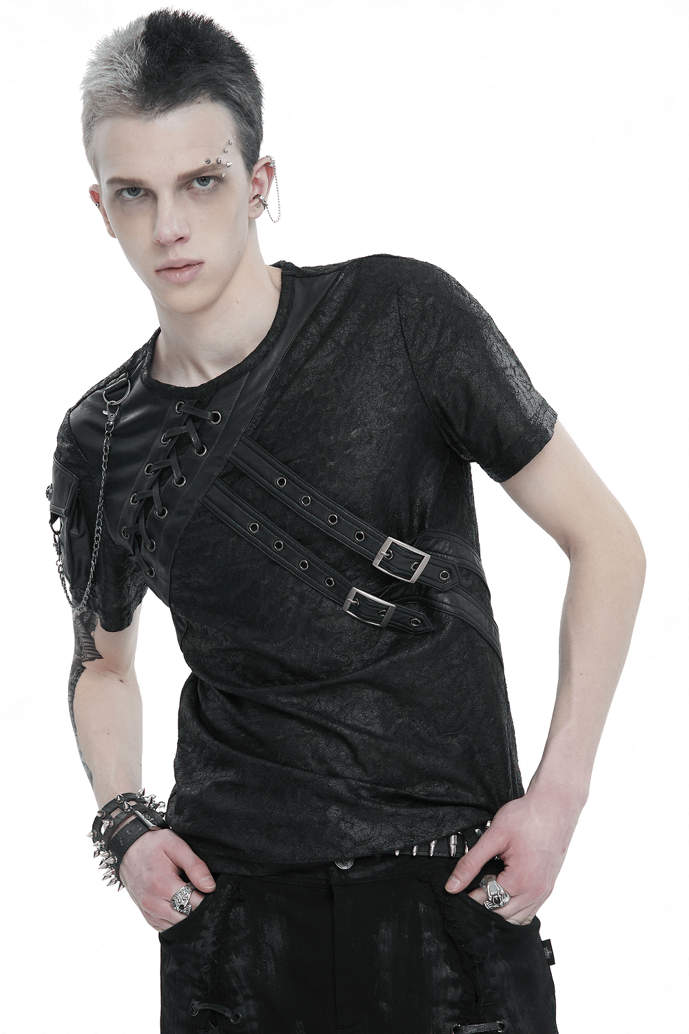 Men's punk buckle T-shirt featuring edgy splices, buckle details, and a sleeve pocket for a rebellious style.