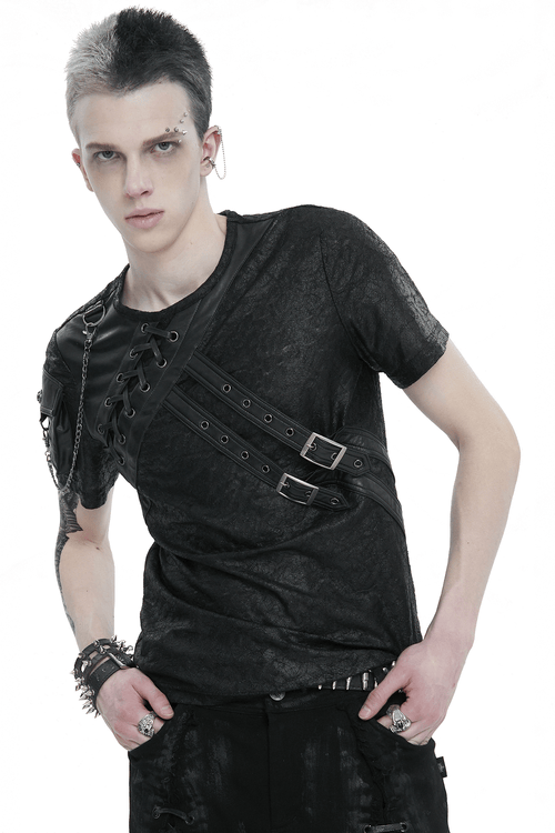 Punk Buckles Splice T-Shirt mit Tasche am Ärmel / Herren-Rundhals-Schnür-T-Shirts