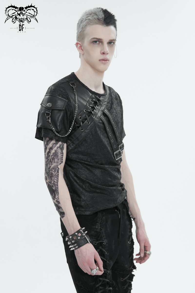 Model wearing punk buckle splice T-shirt with sleeve pocket, showcasing edgy alternative fashion style.